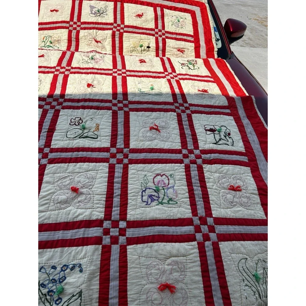 Redwork Quilt Hand Embroidered Botanical Flower Blocks Red White 60